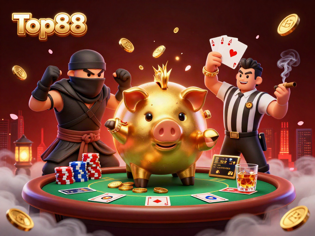 Witness the power of Top88 as a golden piggy bank sumo wrestler stirs excitement at a colorful poker game.