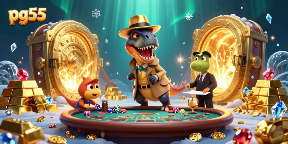 Experience thrills at pg55 with a velociraptor card counter and a stegosaurus pit boss at a vibrant casino scene.