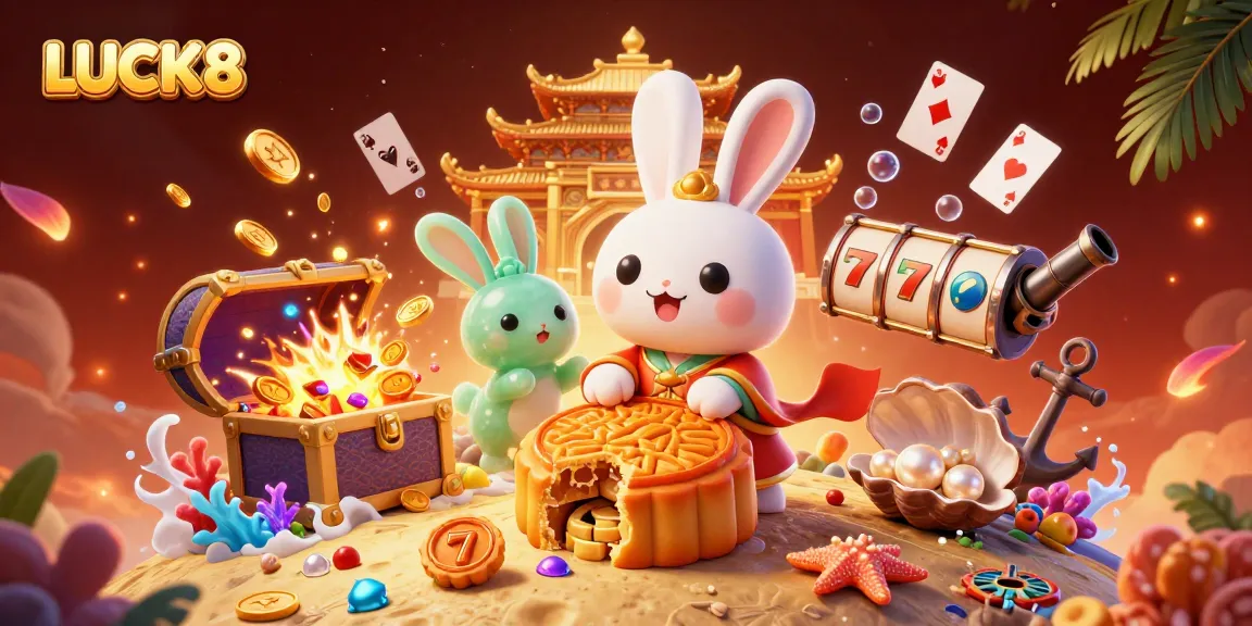 LUCK8's thrilling visual of moon rabbits revealing poker chips, vibrant casino theme illustration.