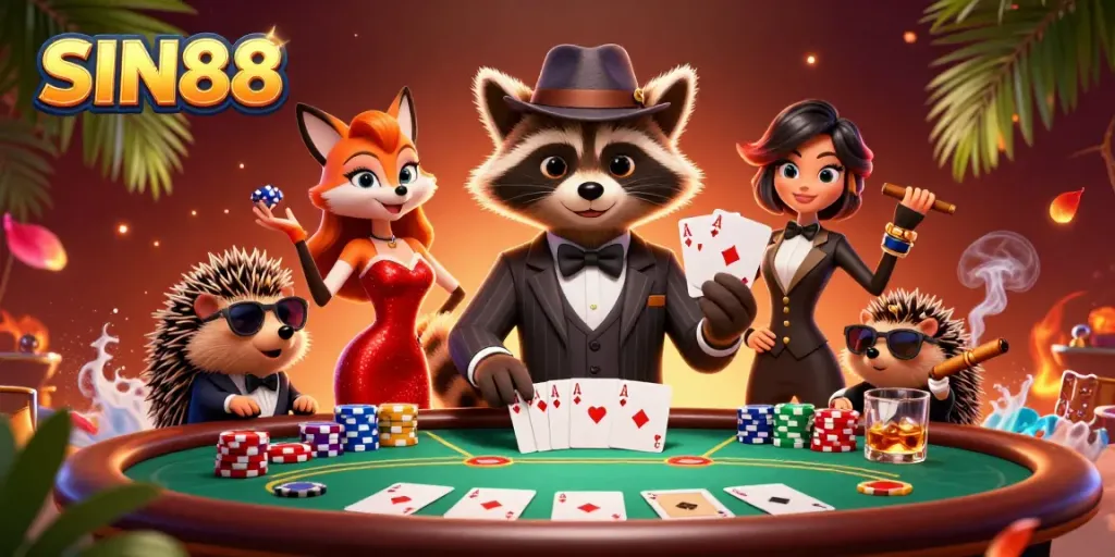 Experience high-stakes poker action at SIN88 with a suave raccoon and elegant fox.