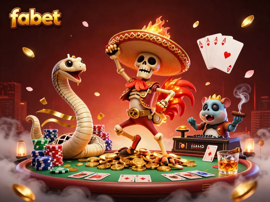 Engage with fabet's vibrant online casino experience featuring a dynamic victory dance amidst poker chips and golden coins.