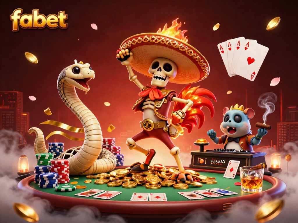 Engage with fabet's vibrant online casino experience featuring a dynamic victory dance amidst poker chips and golden coins.