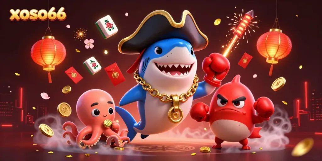 Engage with xoso66's thrilling casino gameplay, featuring a shark, pufferfish, and octopus in a vibrant illustration.