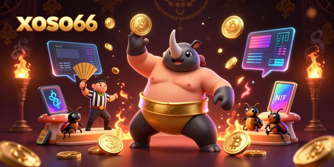 Experience the thrill of xoso66 with the dazzling 3D sumo beetle champion amidst glowing crypto elements.
