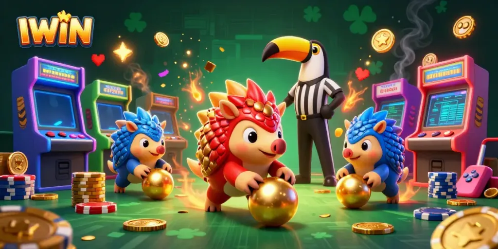 IWIN features animated pangolins in a casino-themed game scene, showcasing vibrant characters and colorful gaming elements.