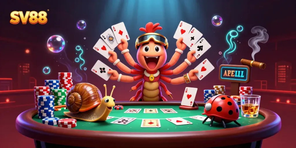 The SV88 dealer showcases a stunning poker scene with vibrant elements and characters, capturing the excitement of casino gaming.
