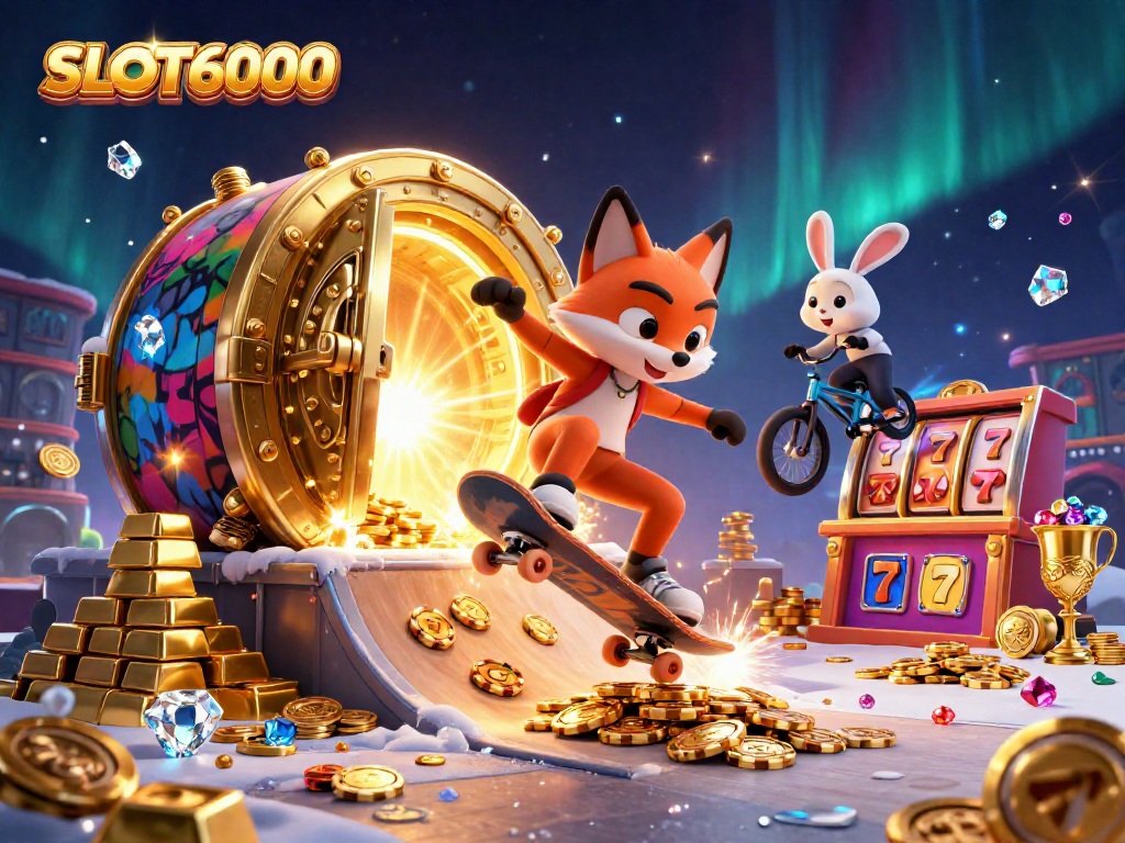 SLOT6000 showcases an energetic scene with a skateboarder fox and BMX rabbit, capturing the thrill of casino slots.