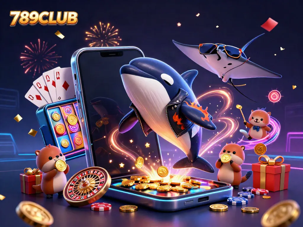 Experience the thrilling world of 789CLUB with vibrant casino games and playful sea creatures.