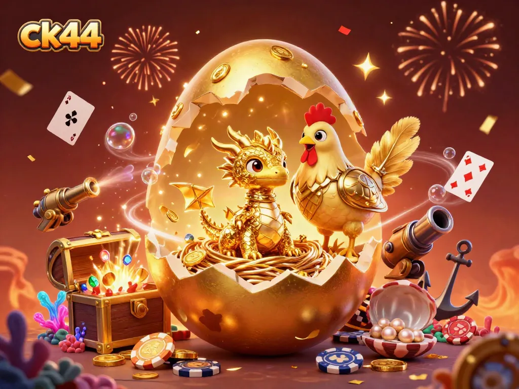 Experience thrilling action at ck44 with a golden dragon revealing poker chips amid vibrant casino elements.