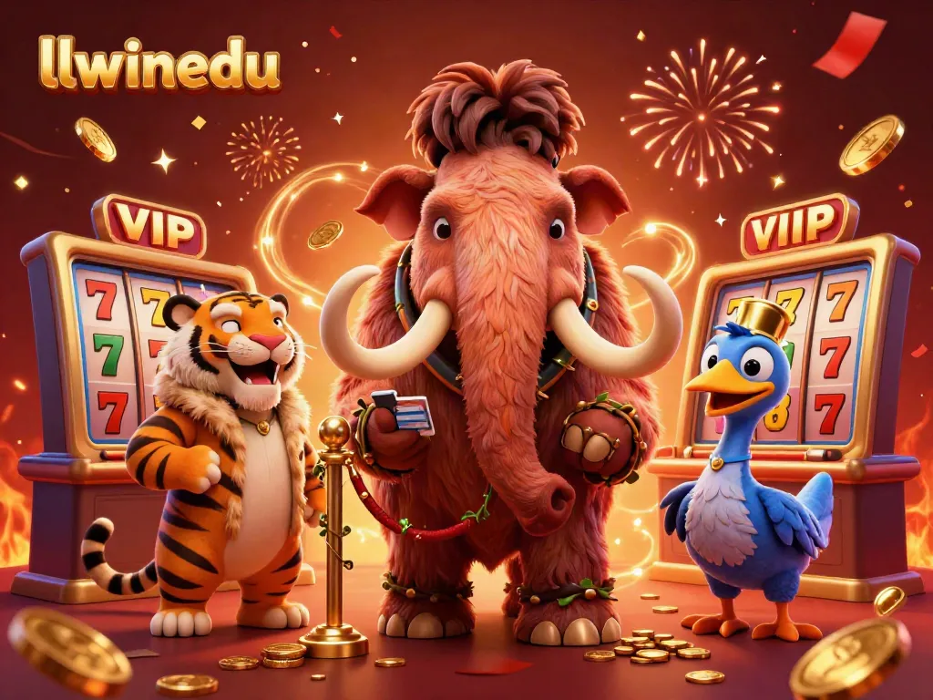llwinedu showcases a vibrant casino scene with a woolly mammoth bouncer and VIP lion, accented by thrilling slot elements.
