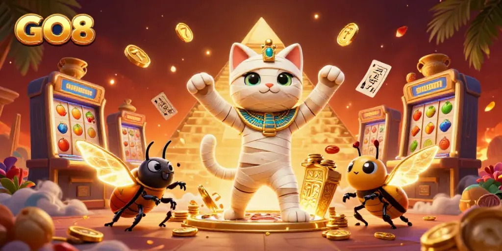 Play exciting GO8 casino slots with animated characters in a vibrant pyramid setting.