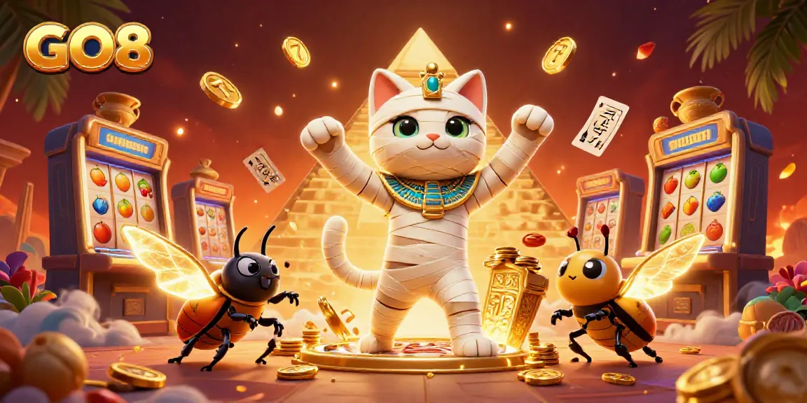 Play exciting GO8 casino slots with animated characters in a vibrant pyramid setting.