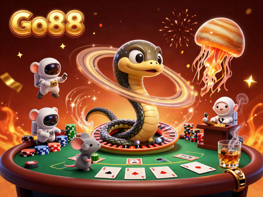 Experience Go88's thrilling cosmic gaming with a vibrant 3D illustration of snake, mice, and jellyfish.