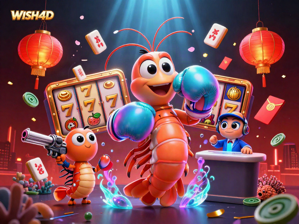 Experience WISH4D's vibrant slot game world with energetic characters surrounded by dynamic casino elements.