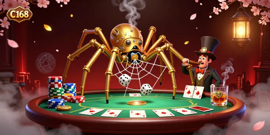 Experience the thrill of C168 casino games with a steampunk spider weaving golden chains and poker chips.