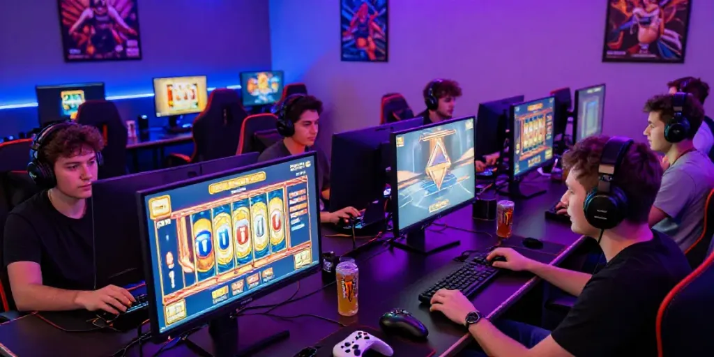 Energetic gaming scene showcasing players enjoying kayu77 slot games with vibrant visuals.