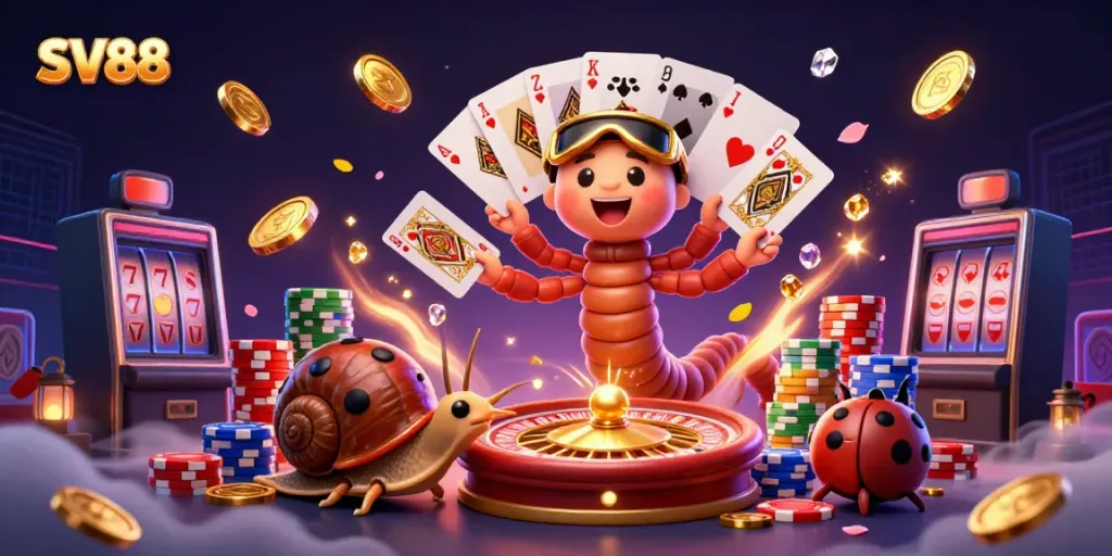 Engage in exciting casino gameplay with SV88's colorful cartoon characters and vibrant game elements.