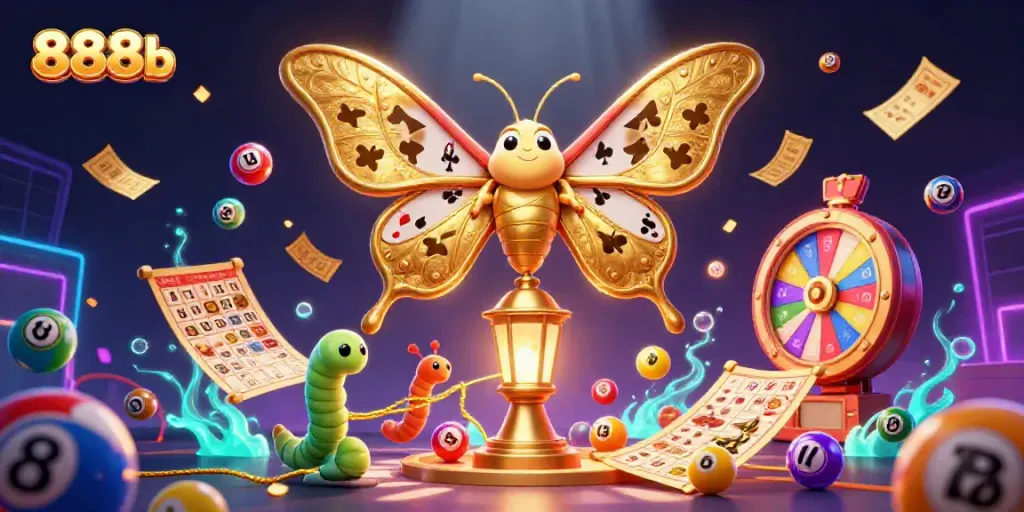 Engage with 888b, showcasing vibrant casino scenes and dynamic game elements in a 3D casino illustration.