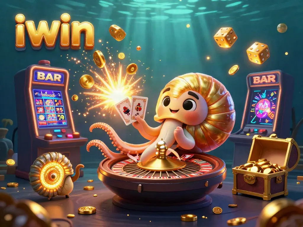 Experience thrilling gaming at iwin with a vibrant casino scene featuring a golden nautilus roulette wheel and exploding slot machine.